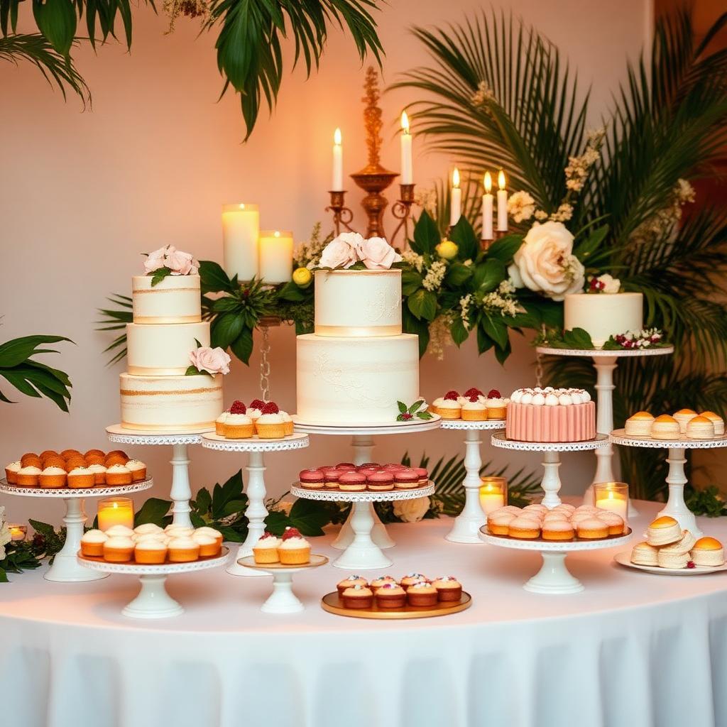Elegant wedding dessert table with cakes and pastries