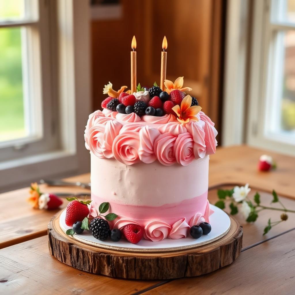 Elegant birthday cake with buttercream rosettes and fresh berries